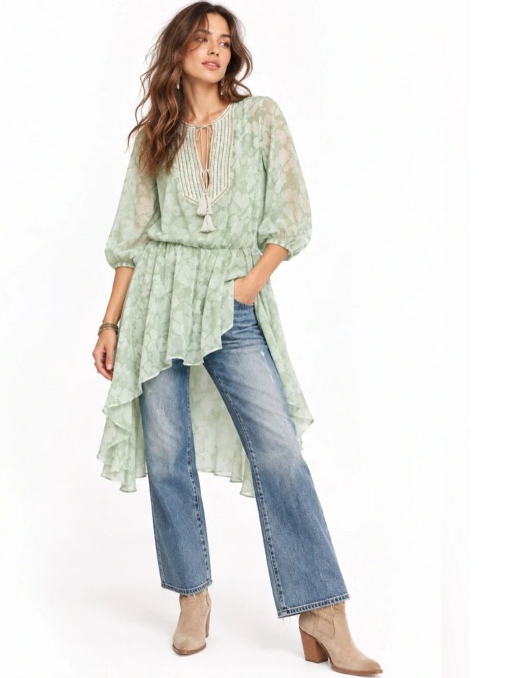 Silk Tunic Hi-Lo Mint Green with Silver Embroidery Rope Tassel Belt